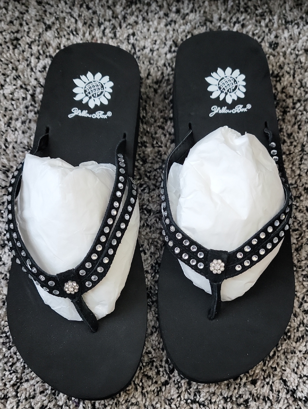 Yellow Box Black Jeweled Thong Sandals for Women